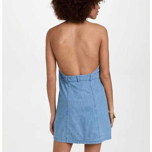 NWT Free People Sami Mini Dress Denim Blue Dress Halter Open Back Button Down L - Picture 10 of 11